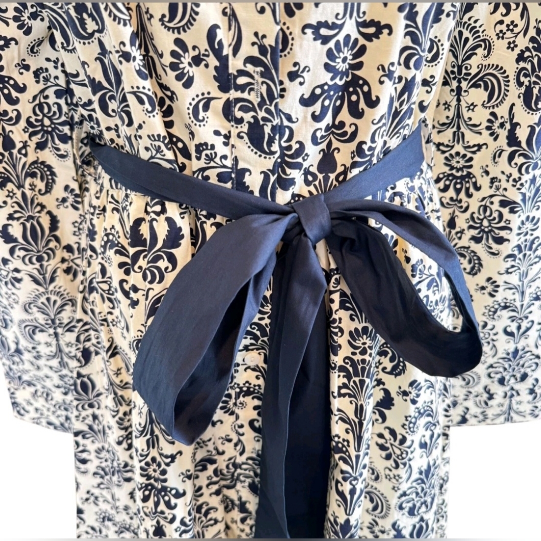 Trish Scully Constance Maxi Dress Navy Damask Sz 14 Jewel Collar Long Sleeve Nwt — image 6 of 7